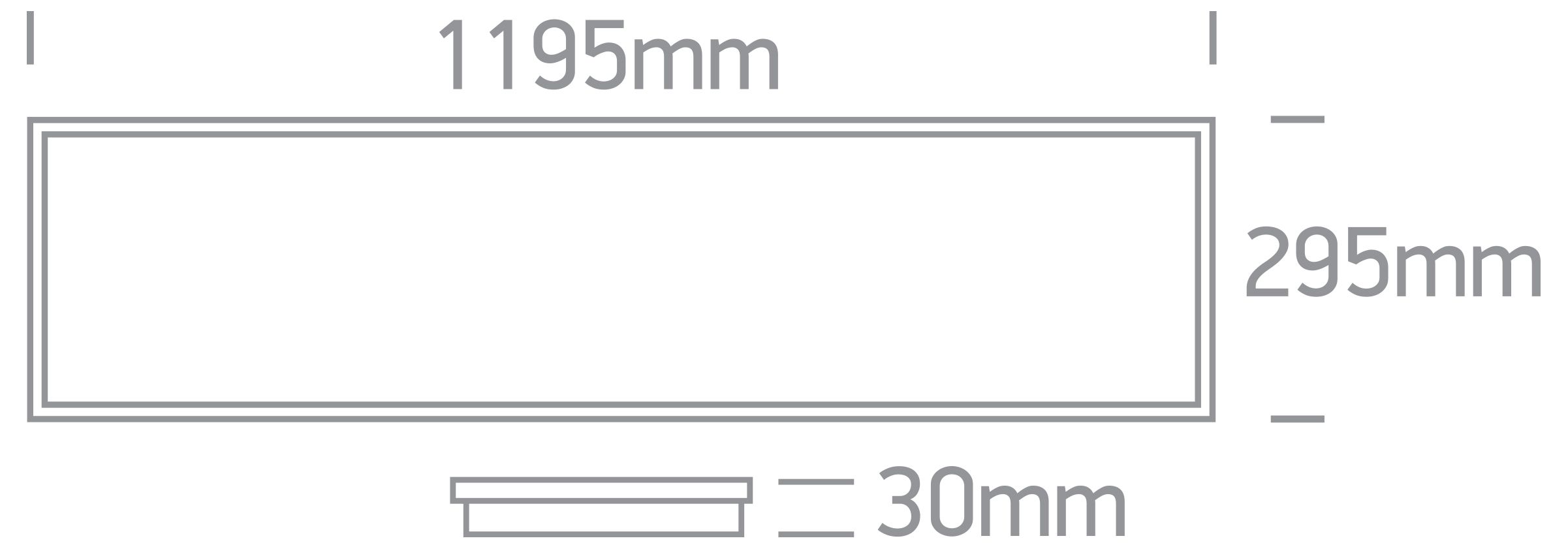 Esquema técnico del panel LED empotrable de 120x30 cm en color blanco, mostrando dimensiones y diseño.