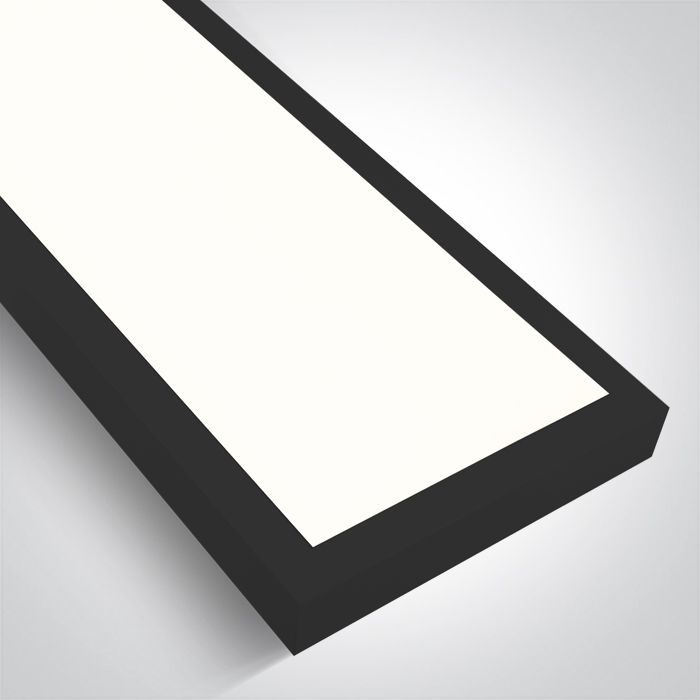 Vista frontal del panel LED de superficie de 150x15 cm con difusor microprismático en color negro, ideal para oficinas y comercios