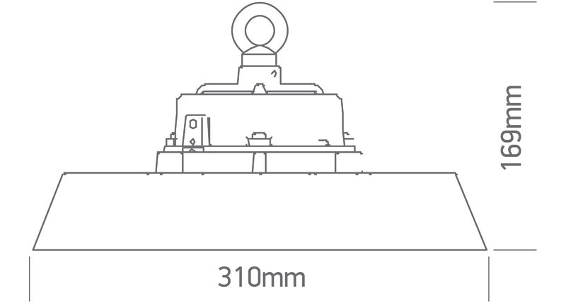 Esquema técnico del foco industrial LED de alta bahía de 150W con control DALI, mostrando dimensiones y diseño.